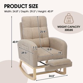 NIOIIKIT Modern Nursery Rocking Chair, Teddy Upholstered Rocking Chair with Footrest, Comfortable Rocker Chair with Side Pocket, Rocker Chair for Living Room, Bedroom, Nursing Room (Brown)