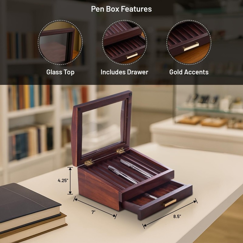 Bey-Berk Walnut Wood 19-Pen Display Box with Glass Top, Drawer,