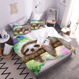 ALABOW Kawaii Sloth Bed Linen Set 135 x 200 cm 2-Piece with Zip Soft and Comfortable Sleeping Comfort Microfibre Duvet Cover Flowers Children's Bedding with Pillowcase 80 x 80 cm