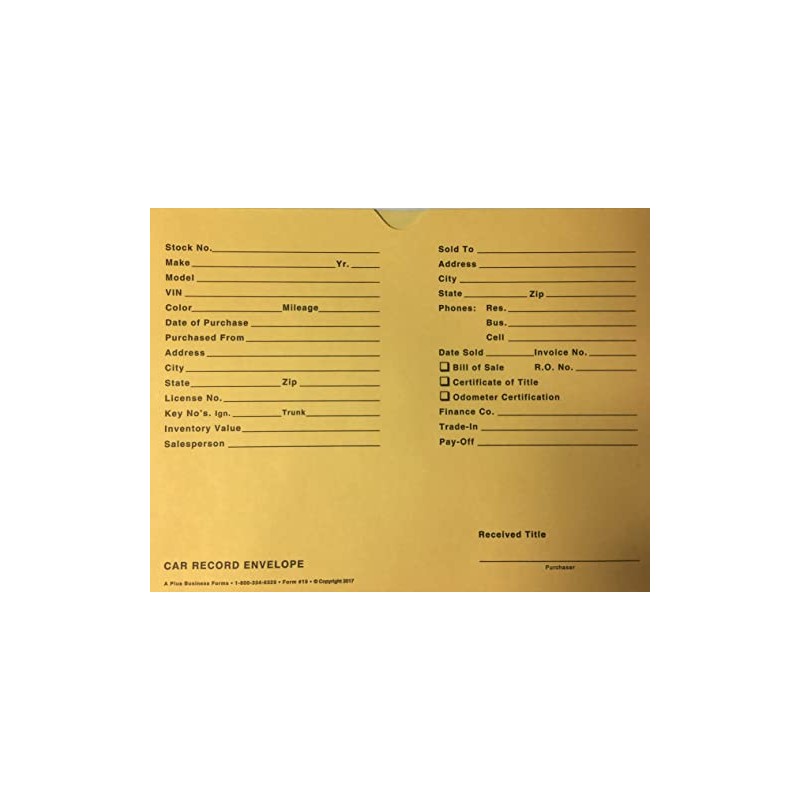 A Plus Printed Paper Car Record Envelope File Folder 12"