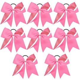 8PCS Cheer Bows Bulk Glitter Cheerleading Bows Girls Hair Bows Pink Cheer Bows Elastic Band Ponytail Holder for Cheerleaders Teen Girls College Sports Competition