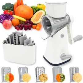 LWAIGMY Rotary Cheese Grater with Handle, Multifunctional Manual Cheese Grater Hand Crank with Suction Base, Mandoline Vegetable Slicer with 5 Replaceable Blades, Kitchen Shredder for Fruits, White