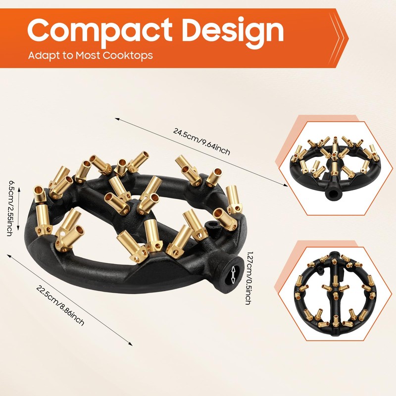23-Head Gas Wok Burner, Cast Iron Brass, 8.9" Compact, High