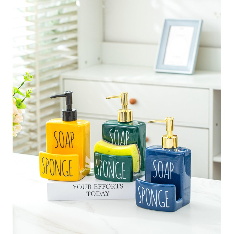 Ceramic soap Dispenser with Sponge Holder for Kitchen Sink Bathroom
