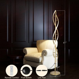 Vlaikez DNA 61" Tall Lamp with Dimmable Rmoete Control,Gold Spiral Beside Corner Modern Floor Lamp for Bedroom,3 Color Temperatures Lamp Standing Lamp for Living Room,Dining Room(Gold)