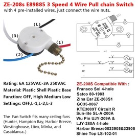 ZE-208s E89885 3 Speed 4 Wire Fan Switch Ceiling Fan Replacement Part With 4 Pre-Installed Wires for Ceiling Fans, Wall Lamps, Cabinet Light (Bronze)