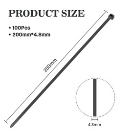 Black Cable Ties, 200mm x 4.8mm, Pack of 100, Premium Nylon Zip Ties, Multi-Purpose Plastic Tie Wraps, Secure Self-Locking Mechanism, for Home, Garden, Workshop, Office and DIY