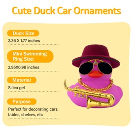 wonuu Car Dashboard Ducks, Saxophone Decor Rubber Duck Car Ornaments with Mini Top Hat Necklace Sunglasses (Purple)