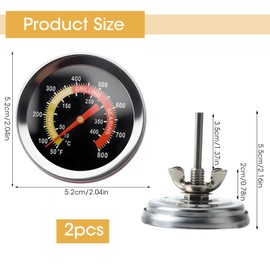2Pcs BBQ Grill Temperature Gauge Dial 2" (52MM) Charcoal Grill Smoker Thermometer 800F Oven Barbecue Thermometer Gauge for Oven Panel Port Lamb Beef Pizza Cooking