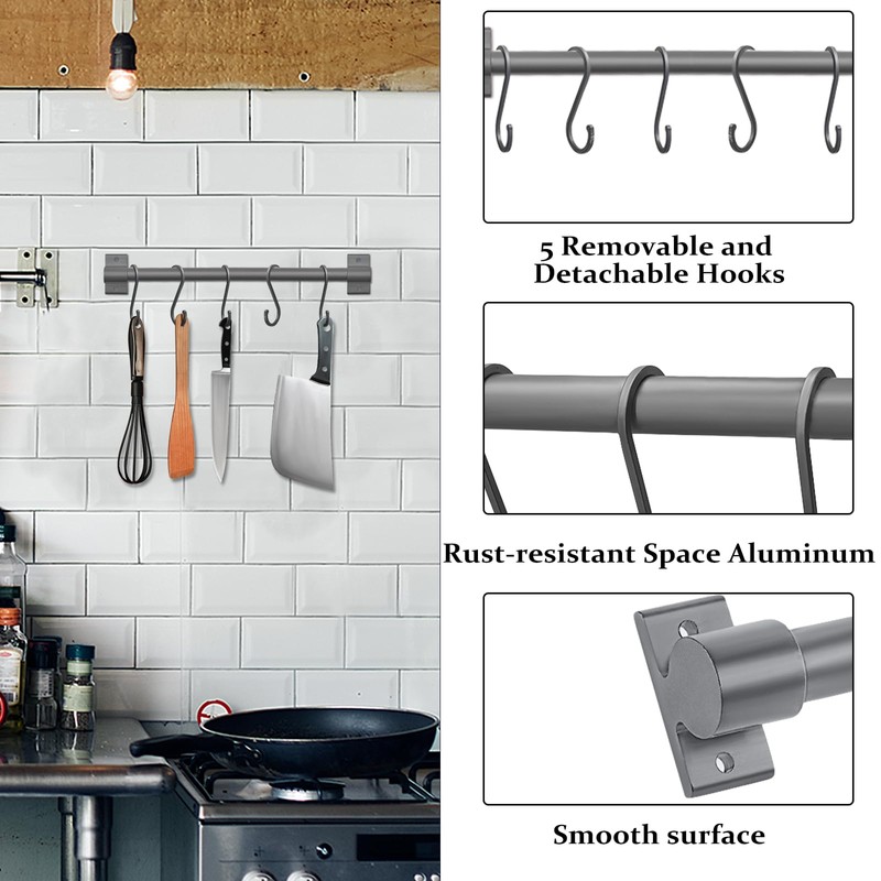 FuninCrea Kitchen Hook Rail, 30 cm Aluminium Kitchen Rail with