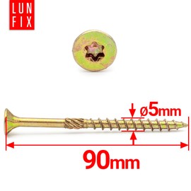 Lun Fix Chipboard Screws 5.0 x 90 mm | Pack of 200 | TX25 (I-Star) - Countersunk Head/Milling Ribs | Yellow Galvanised | Torx Screws | Wood Screws | Universal Screws | Countersunk Screws