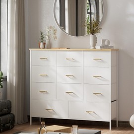 VASICAR Wide TV Stand Modern TV Console, 11 Drawers Tall Dresser for Bedroom, Fabric Storage Cabinet, Chest of Drawers for Closet, Nursery, Living Room（White）