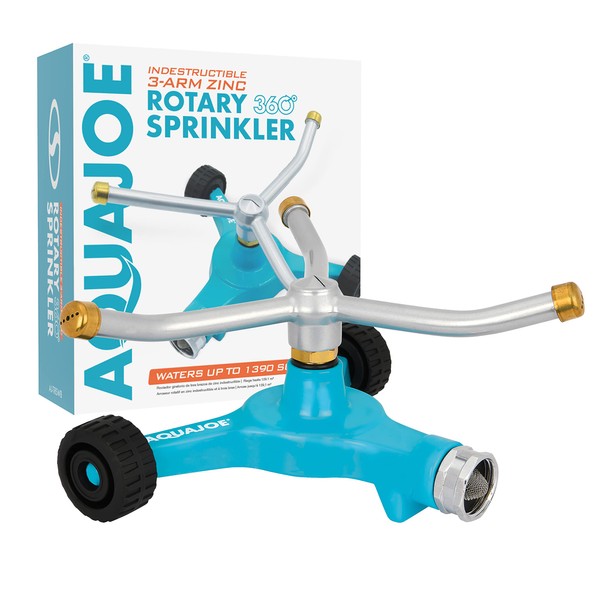 Aqua Joe AJ-TRSWB Indestructible Series Metal 3-Arm Rotating Sprinkler, w/Wheeled 8-Inch Base