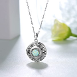 Vintage Locket Necklace for Women 925 Sterling Silver Opal Locket Necklace That Holds Pictures Memorial Jewelry for Women