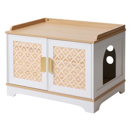 Boho Cat Litter Box Enclosure, Hidden Cats Washroom with Woven Rattan Doors, Stylish Wooden Cat Furniture, Multi-Functional House with Top Perch (29.6”L x 21”W x 20.8”H)