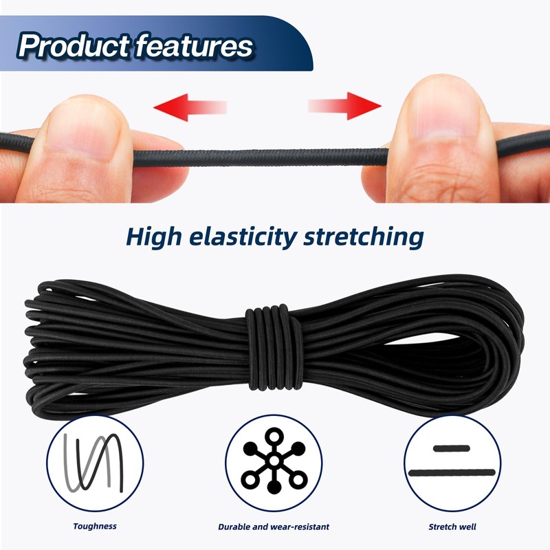 15M Black Elastic Cord,4mm Elastic String Bungee Cord Elastic Round