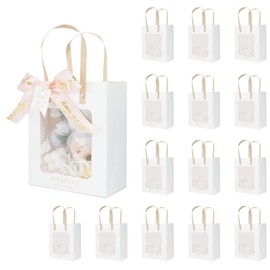 15 Pcs Gift Bags with Clear Window, 7"x3.4"x8.3" Kraft Paper Shopping Bags with Handles, Bulk Treat Bags, Reusable Favor Bags for Graduation Birthday Wedding Party Bouquet Wrapping Gifts (White)
