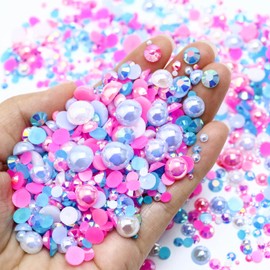Towenm 60g Mix Flatback Pearls and Rhinestones, 2mm-10mm Jelly Rhinestones and Half Pearls for Tumblers Shoes Nails Face Art, Pearl Rhinestone Mix for Bedazzling, White|Blue|Pinks