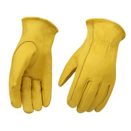 OLSON DEEPAK Cowhide Leather Work Gloves for Driving/Garden/Cutting/Construction/Farm/Motorcycle (XL), Yellow, HY008
