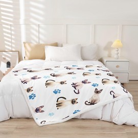 Feelyou Cute Siamese Cats Fleece Throw Blanket Lovely Animal Pet Cat Paw Print Sherpa Blanket for Kids Boys Girls Cartoon Animal Cat Plush Blanket Soft Fuzzy Blanket for Sofa Bed Couch 30"x40"