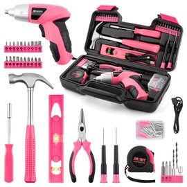 WRENZO Drill Set, Cordless Drill, Small Tool Kit, 112pc 3.6V USB Tool Set, Tool Kit for Dorm, Cordless & Rechargeable, Pink Home Toolbox for Women, DIY Toolbox
