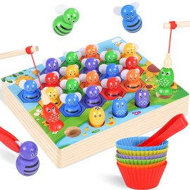 Ophy Montessori Counting Toys - Rainbow Counting Bees with Matching Bowl for 3+ Year Old Boy Girls 3 in 1 Sorting Toys for Toddlers Magnetic Fishing Game Wooden Educational Toy Birthday Gift