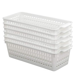 KIKINIKO Small Plastic Storage Baskets Set of 6, White - Kitchen Cupboards Organiser With Handle