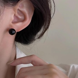 Cimenexe Bohemian Enamel Pearl Earrings Black Pearl Stud Earrings Acrylic Black Pearl Earrings Minimalist Ball Pearl Earrings Jewellery for Women and Girls Gifts, Zinc, No Gemstone