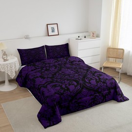 Feelyou Adult Purple Black Damask Comforter Set Gothic Antique Victorian Baroque Bedding Set Twin Size Boho Vintage Floral Flower Comforter