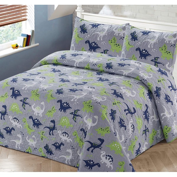 3pc Full/Queen Bedspread Coverlet Quilt Set for Kids Multi-Color Dinosaurs Blue White Green Grey