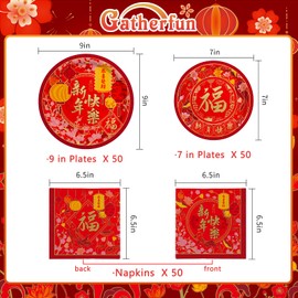 Chinese New Year Party Supplies Kit : Happy New Year Design Decorations Set with Disposable Lunch Plates ,Dessert Paper Plates and Napkins- for Lunar New Year Celebrations Serves 50.