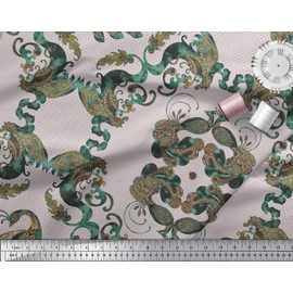 Soimoi Georgette Viscose Fabric Quatrefoil & Peacock Bird Print Fabric by The metre 42 Inch Wide