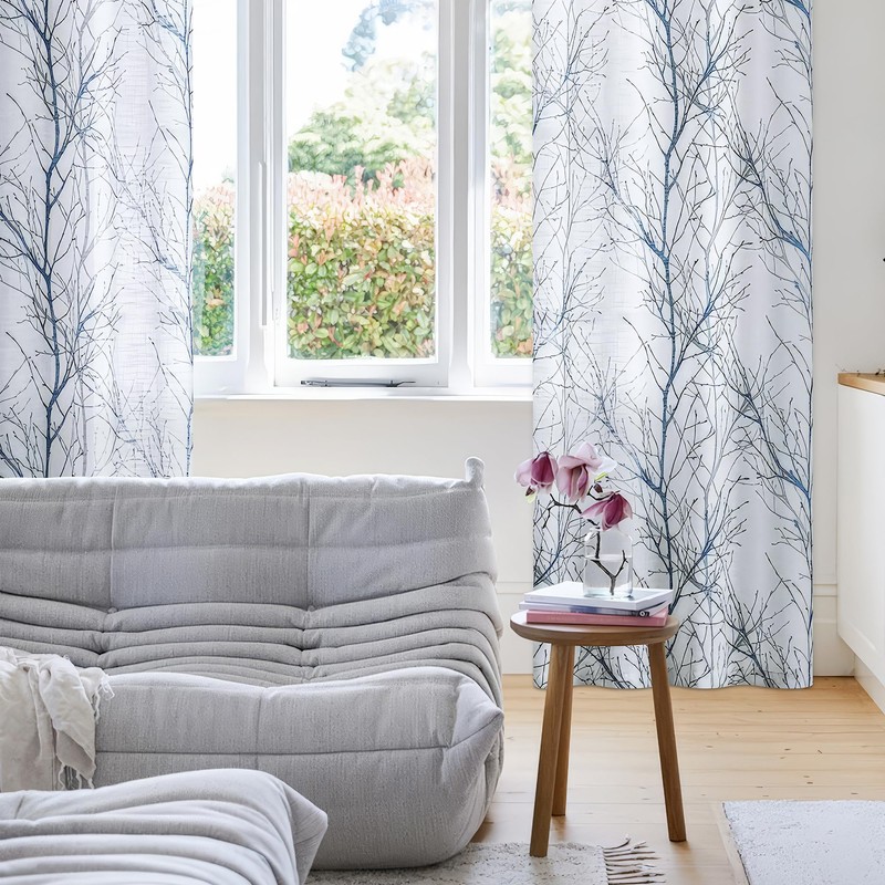 FMFUNCTEX Linen Semi Sheer Curtains for Bedroom, Blue White Curtains