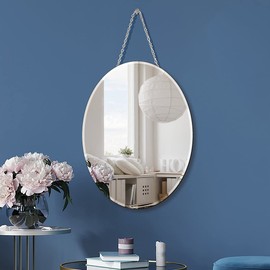 QMDECOR Oval Silver Mirror with Iron Chain - 12x16 inch Vertical or Horizontal Wall Hang Frame Less Mirror - 5 mm Beveled Handicraft Mirror