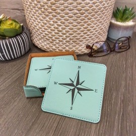Turquoise Leatherette Coasters, Square with Compass Design, Set of 6, Includes Holder