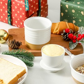 Hasense French Butter Dish with Lid, Ceramic Butter Crock for Countertop with Water Line for Spreadable Butter, Farmhouse Butter Keeper Container for Christmas Gift, Home Kitchen Decor, White