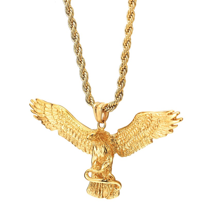 COOLSTEELANDBEYOND Mens Womens Gold Color Flying Eagle Grabbing Snake Pendant