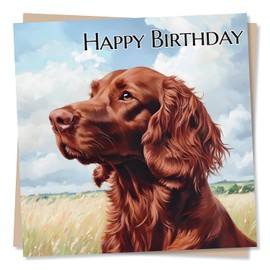 Irish Red Setter Birthday Card - Beautiful Irish Setter In The Field - Happy Birthday Card In Red Setter Dog Design