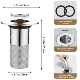Pop Up Bathroom Sink Stopper, 2Pcs Bathroom Sink Drain Strainer with Removable Stainless Steel Filter Basket Hair Catcher, for US Universal Bathroom Kitchen Basin Sink Stopper Replacement