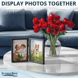 Icona Bay - 4x6 Double Picture Frame - Black - Sturdy Hinged Folding Dual Sided Frames - Vertical Photo Display for Desktop or Table Top - Durable Wood Composite Frame - Gemini Collection