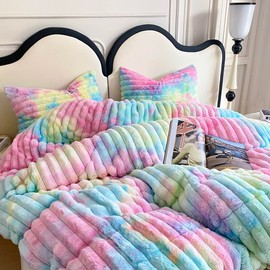 chovy Faux Rabbit Striped Plush Rainbow Fur Comforter Sets Queen - Ultra Soft Shaggy Flannel Velvet Fluffy Fuzzy 3PC Bedding Set （Comforter x 1 Pillowcases x 2）