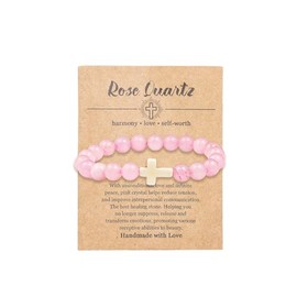 CHUU YUNG Christian Gifts Cross Natural Stone Beaded Bracelet Catholic Religious Stretch Prayer Bracelet Anti Depression Anxiety Gifts-Rose Quartz