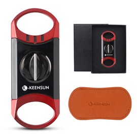 KEENSUN Zinc Alloy V-Cut Cigar Cutter (Red and Black), 60 Ring Gauge, 420J2 Stainless Steel Cut Blade in Gift Box