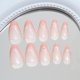 MERVF Almond Press on Nails Medium Fake Nails Pink French Tip Glue on Nails Pearls Press ons Bow Star Design Acrylic Stiletto False Nails for Women Glossy 30pcs