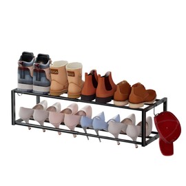 Jchccu Expandable Wall Mounted Shoe Rack, 17"-31" Adjustable Hanging Shoe Rack Holds 8 Pairs, Heavy Duty Metal Shoe Holder with 2 Storage Hooks, Space Saving for Entryway Closet Doorway（Black）