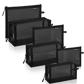 SUPACOOL Juego de 4 bolsas organizadoras de maquillaje de malla de viaje con cierre bolsa de pañales, bolsas organizadoras de nailon para mujeres y hombres, 4 piezas (S/M/L/XL), Negro