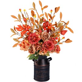 Sggvecsy Artificial Fall Flowers with Metal Pot Floral Arrangement Fake Floral Stems Autumn Leaves Branches Fall Foam Bouquets with Hydrangea for Thanksgiving Home Table Centerpieces Harvest Decor