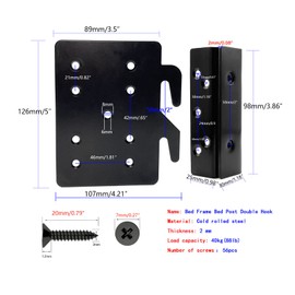 Bed Frame Post Double Hook Slot Hardware Attachment Bracket，Bed Rail Hooks Cold Rolled Steel 5''×4¼''，Thickness 2 mm, Heavy Duty for Plates Bed Accessories with Screws Included（4 Sets ） (5''×4¼'')