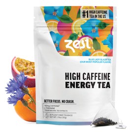 Zest Energy Tea - Blue Lady - High Caffeine Passion Fruit Black Tea Bags - Caffeinated Coffee Altnernative/Substitute - Natural, Non-GMO & Keto Friendly - Hot or Iced - 20Ct Pack - 150mg Caf