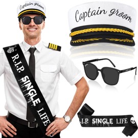 JaGely 3 Pcs Bachelor Party Accessories for Groom Set Include Captain Groom Hat Sunglasses Bachelor Sash for Bridal Shower(Elegant Style)